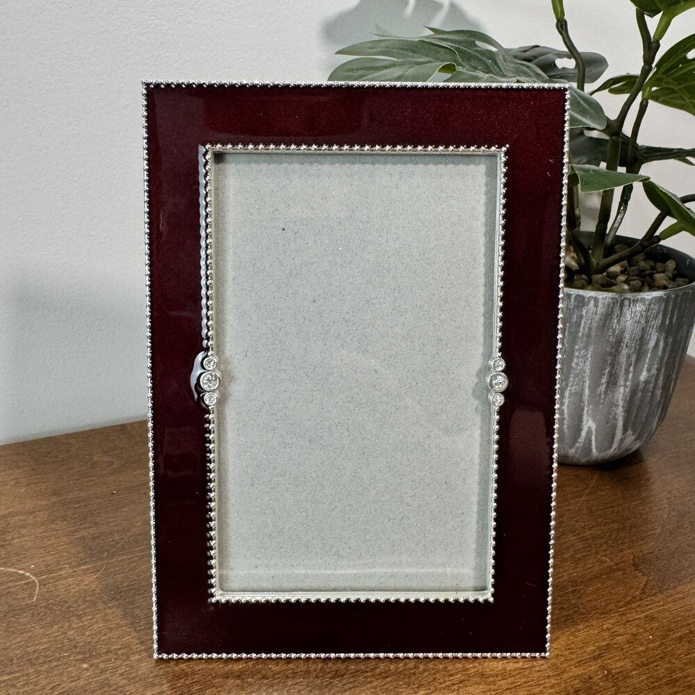 Elegant Burgundy Enamel Silver Beaded Photo Frame 4x6 Picture Rhinestone Decor